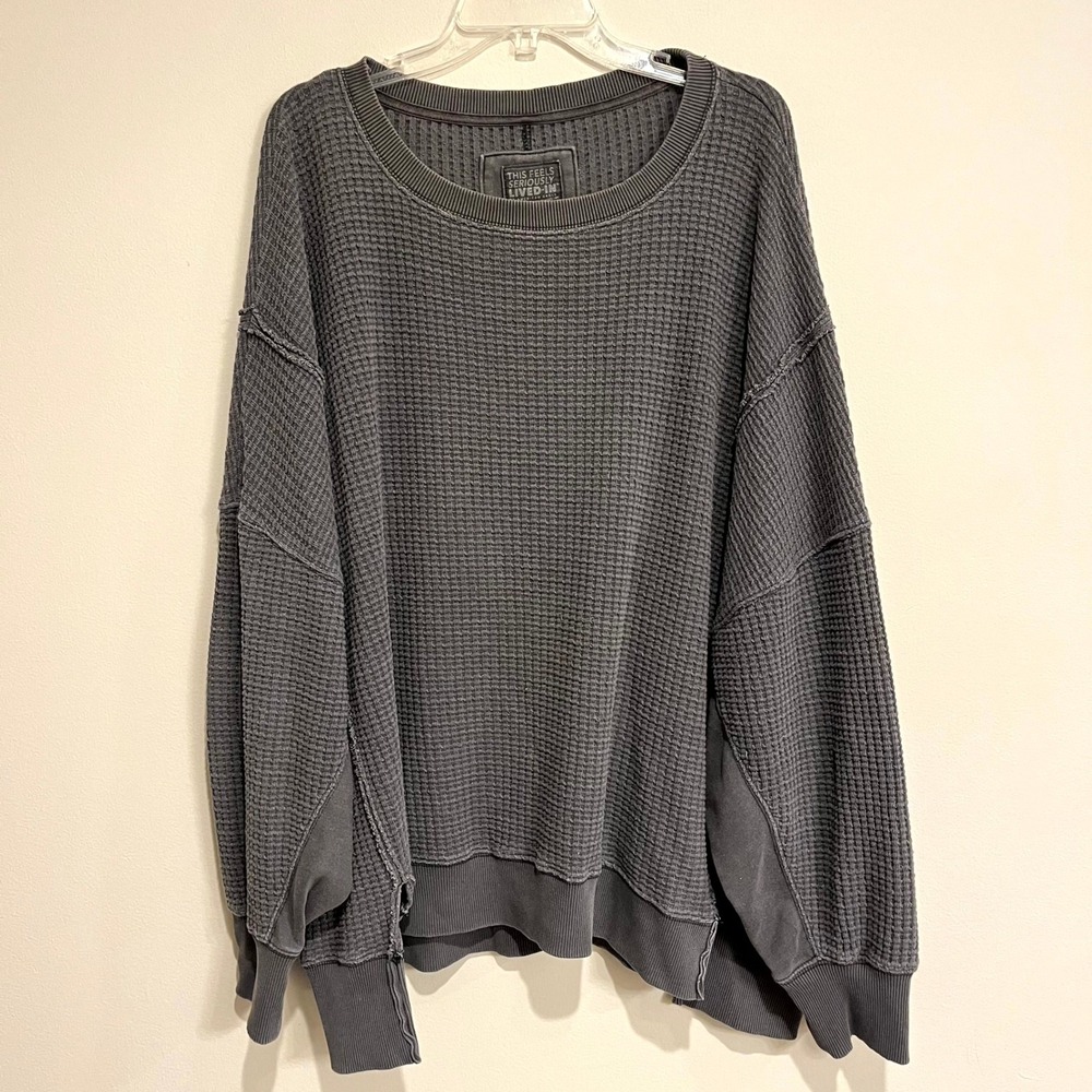 American Eagle Shirt Waffle Knit Top Gray Boxy Oversized Thermal Women XXL 2XL